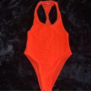 NWOT Small Frankie’s Bikinis Neon Orange Ribbed Beau One Piece